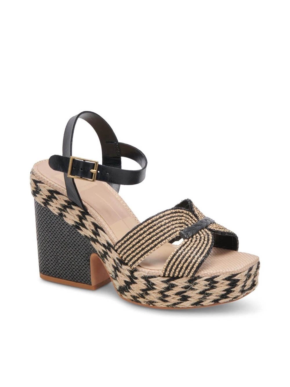 DOLCE VITA Cale-937 Black and Natural Woven Platform Sandal with Ankle Strap